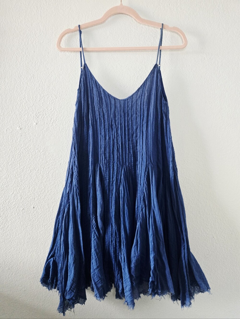 Free People One Flowy Blue Guaze Trapeze Slip Dress Low Back Pleated Raw Hem XS
